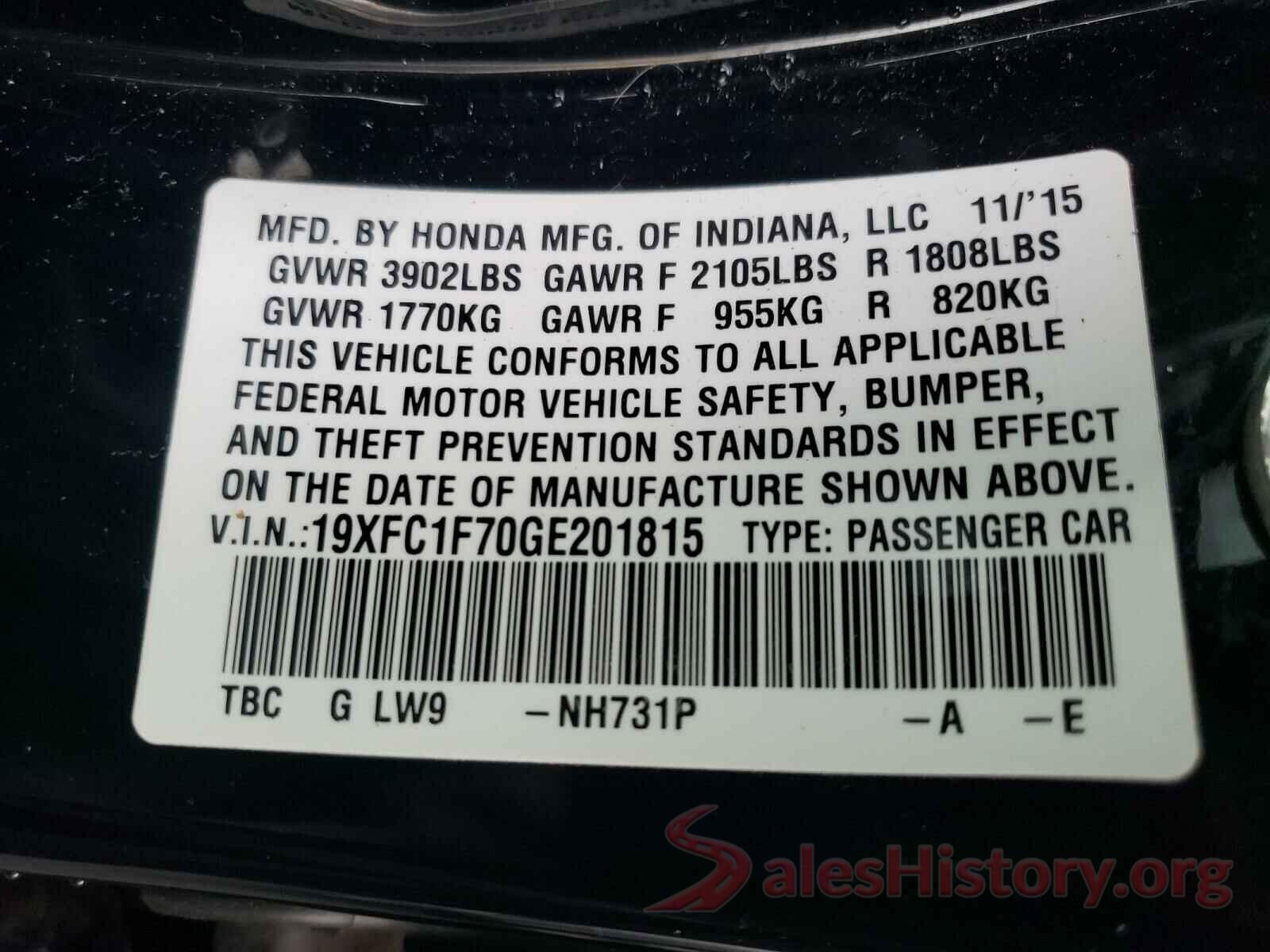 19XFC1F70GE201815 2016 HONDA CIVIC