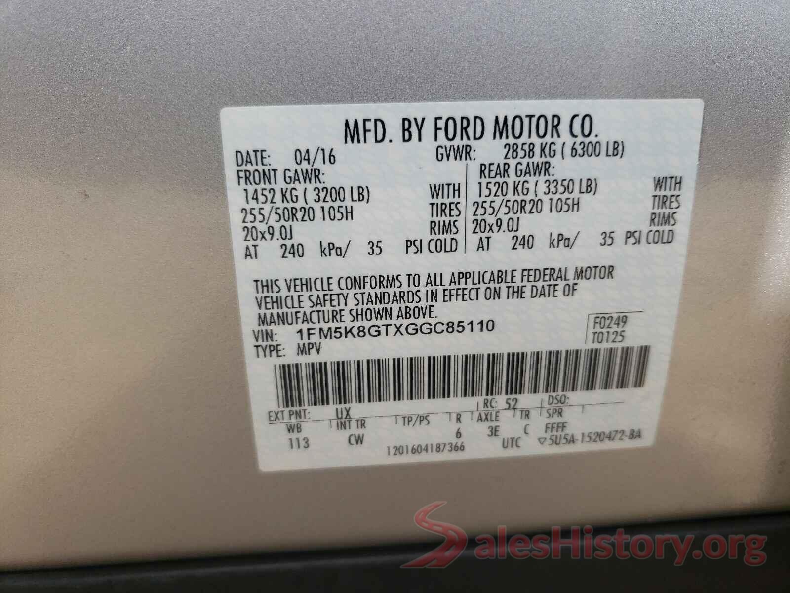 1FM5K8GTXGGC85110 2016 FORD EXPLORER