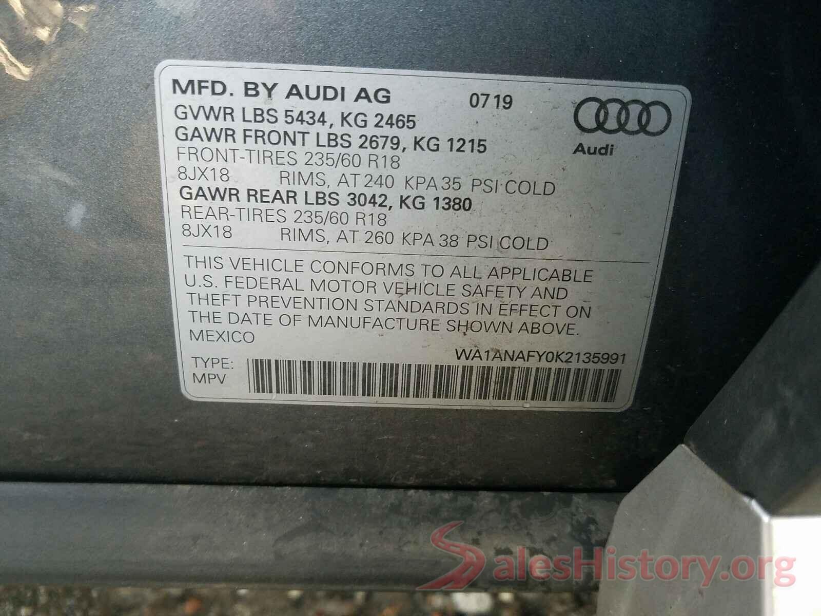 WA1ANAFY0K2135991 2019 AUDI Q5