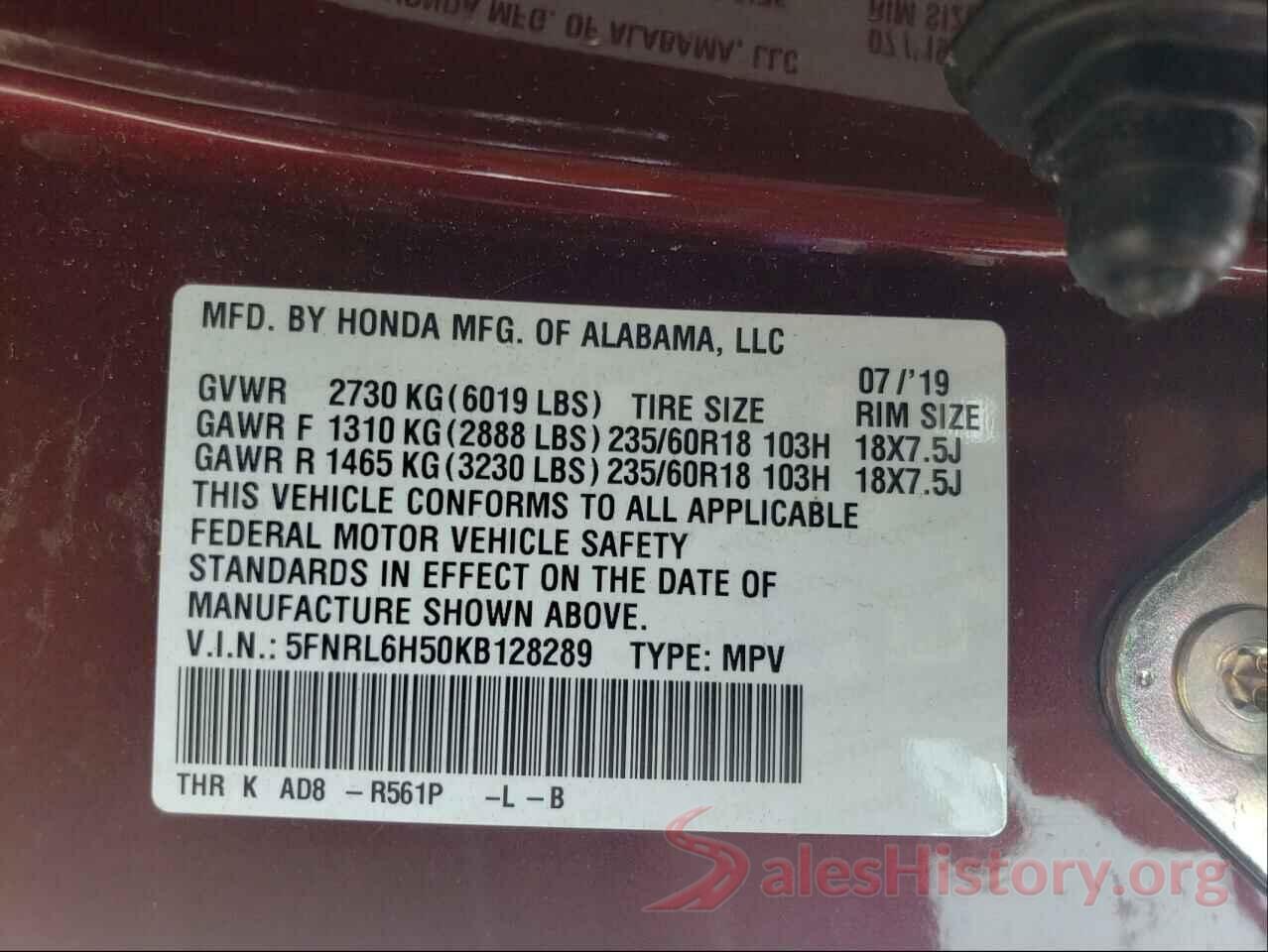 5FNRL6H50KB128289 2019 HONDA ODYSSEY