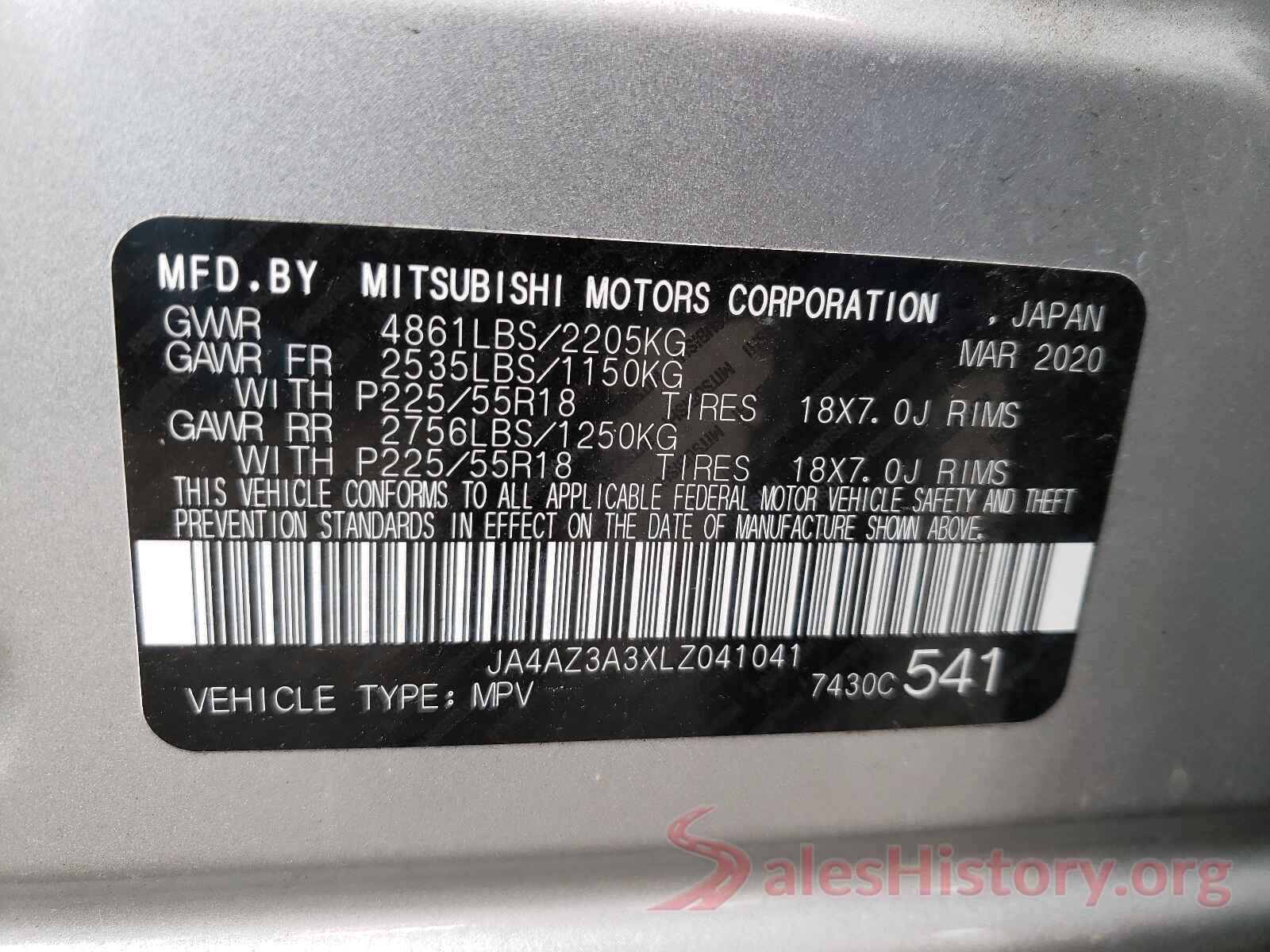 JA4AZ3A3XLZ041041 2020 MITSUBISHI OUTLANDER