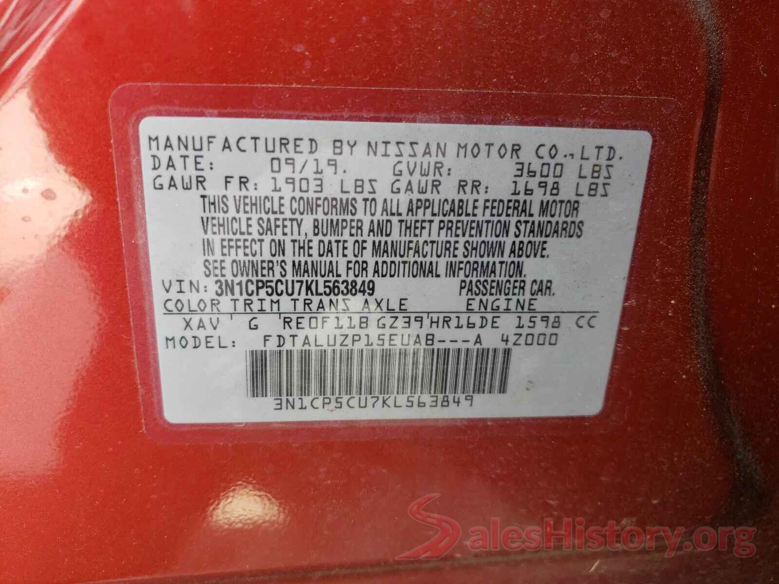 3N1CP5CU7KL563849 2019 NISSAN KICKS