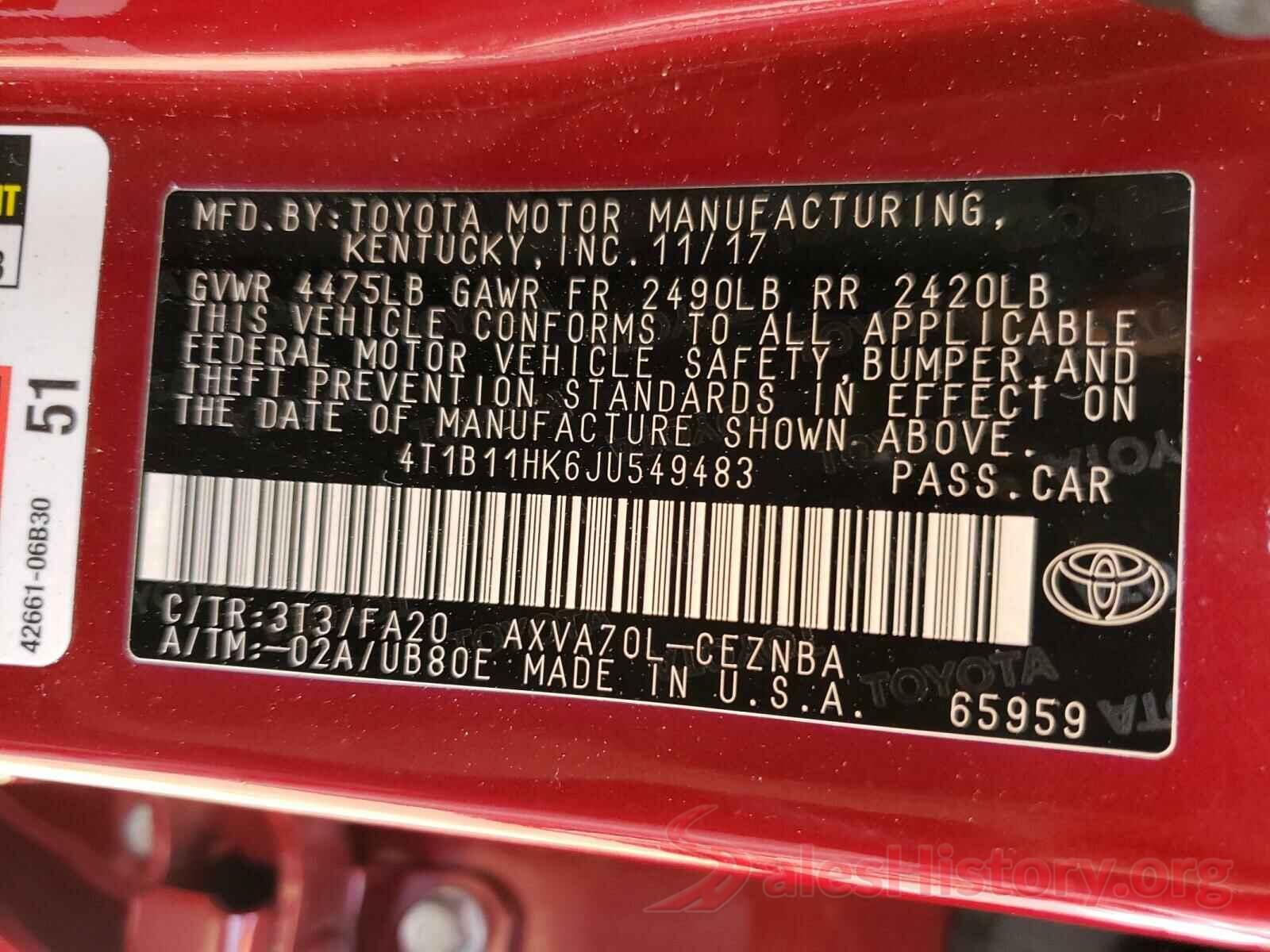 4T1B11HK6JU549483 2018 TOYOTA CAMRY