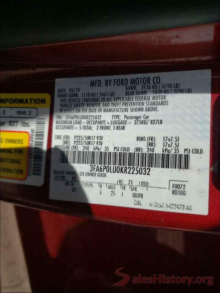 3FA6P0LU0KR225032 2019 FORD FUSION