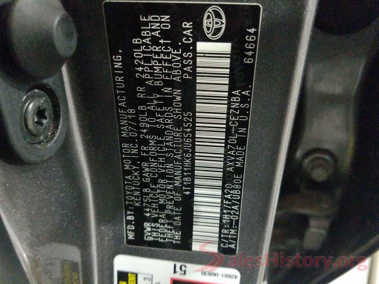 4T1B11HK6JU654525 2018 TOYOTA CAMRY