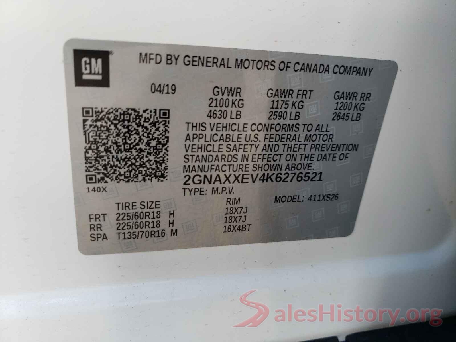 2GNAXXEV4K6276521 2019 CHEVROLET EQUINOX