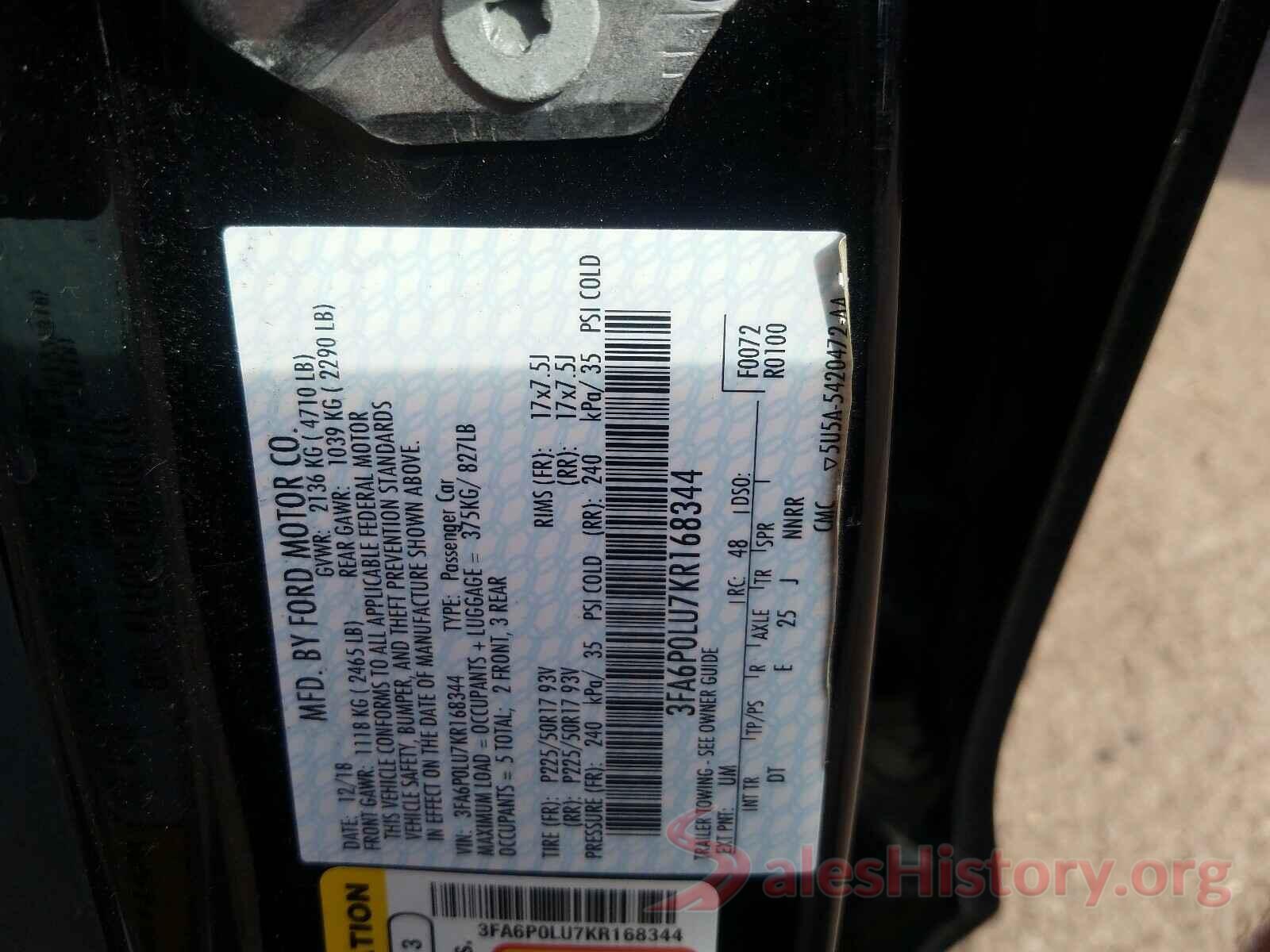 3FA6P0LU7KR168344 2019 FORD FUSION