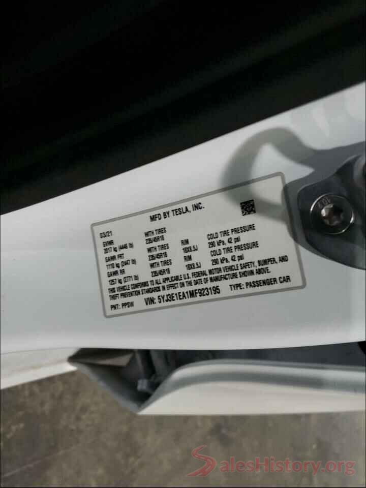 5YJ3E1EA1MF923195 2021 TESLA MODEL 3