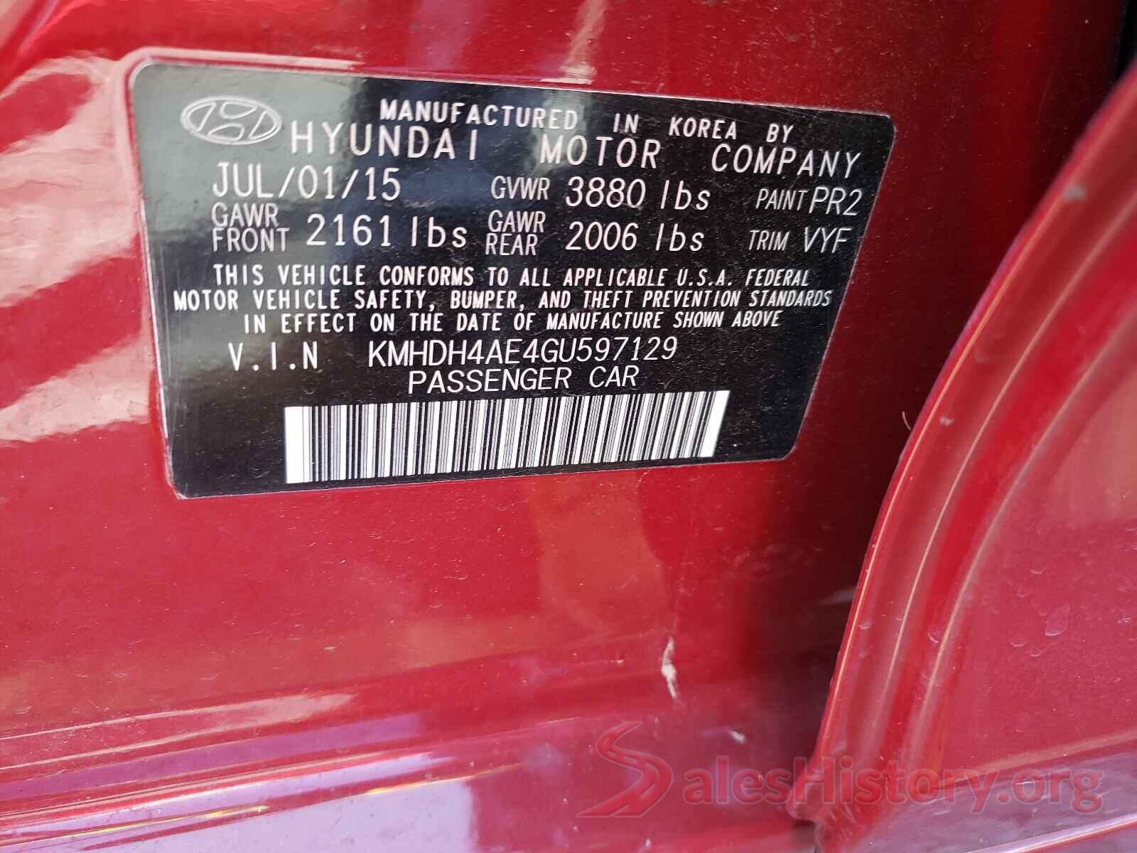 KMHDH4AE4GU597129 2016 HYUNDAI ELANTRA