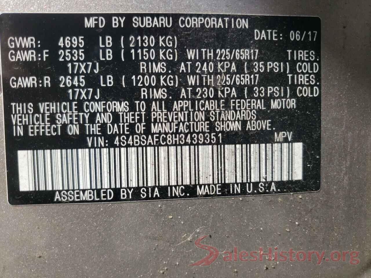 4S4BSAFC8H3439351 2017 SUBARU OUTBACK