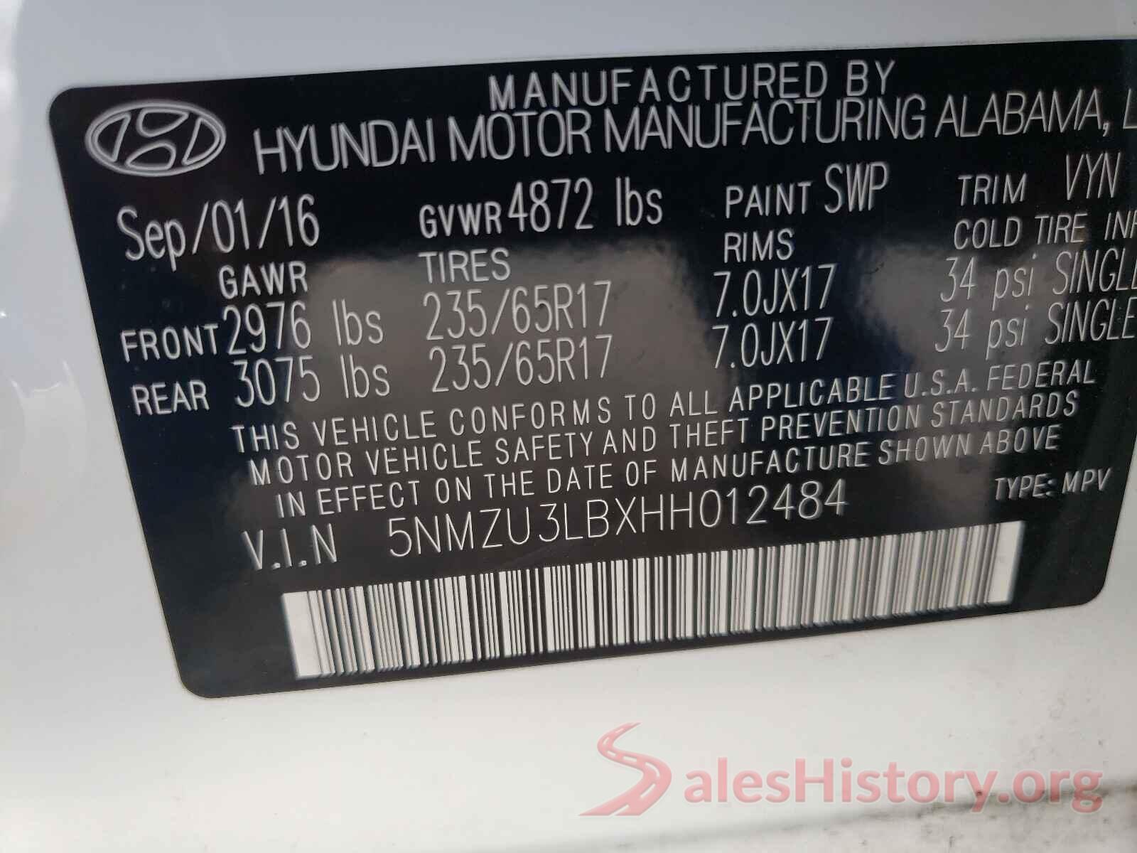 5NMZU3LBXHH012484 2017 HYUNDAI SANTA FE