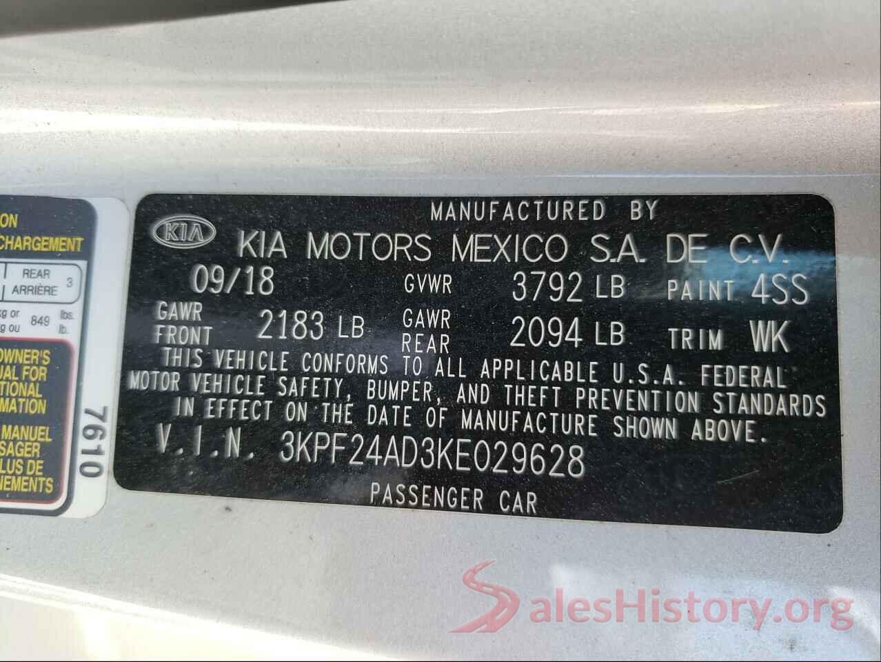 3KPF24AD3KE029628 2019 KIA FORTE