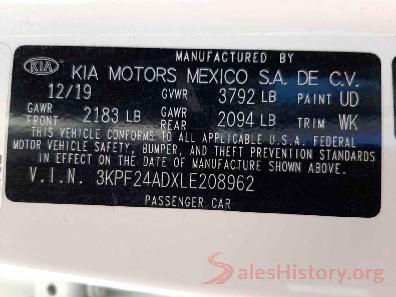 3KPF24ADXLE208962 2020 KIA FORTE