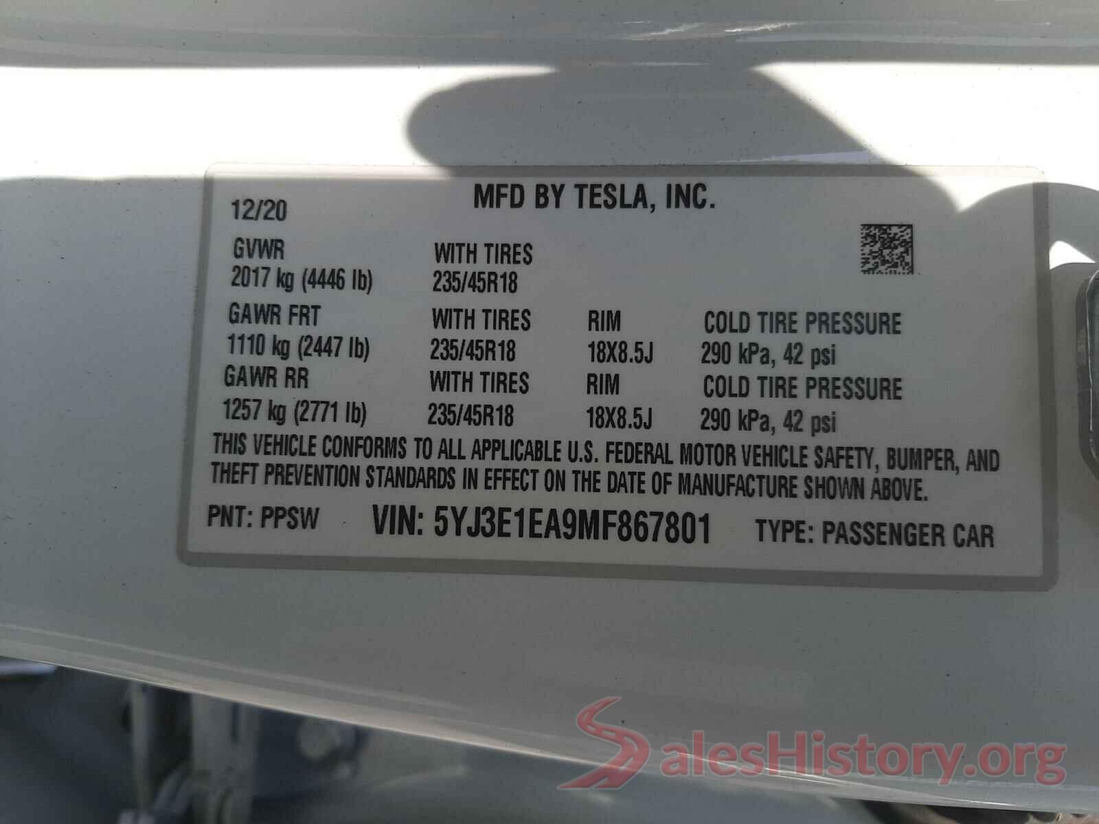 5YJ3E1EA9MF867801 2021 TESLA MODEL 3