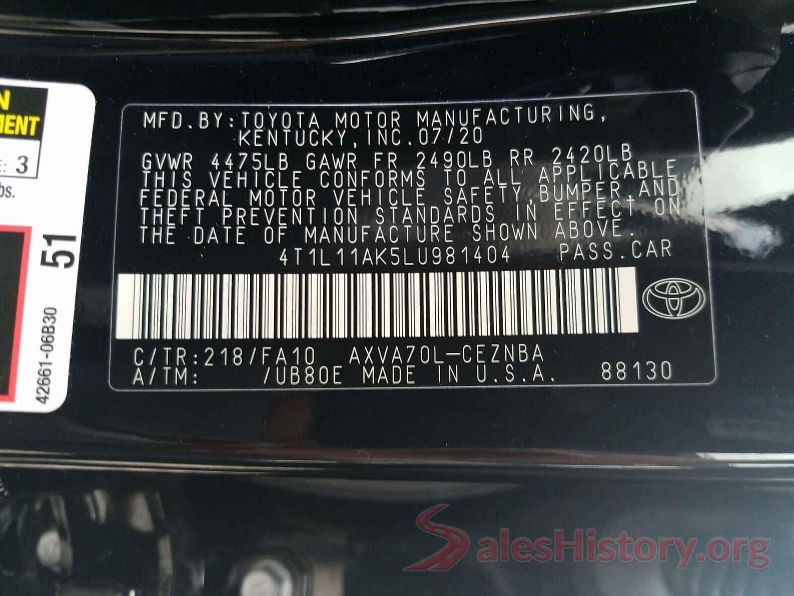 4T1L11AK5LU981404 2020 TOYOTA CAMRY