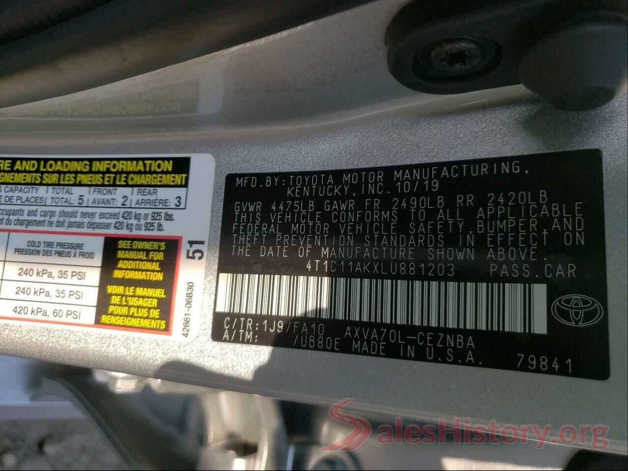 4T1C11AKXLU881203 2020 TOYOTA CAMRY