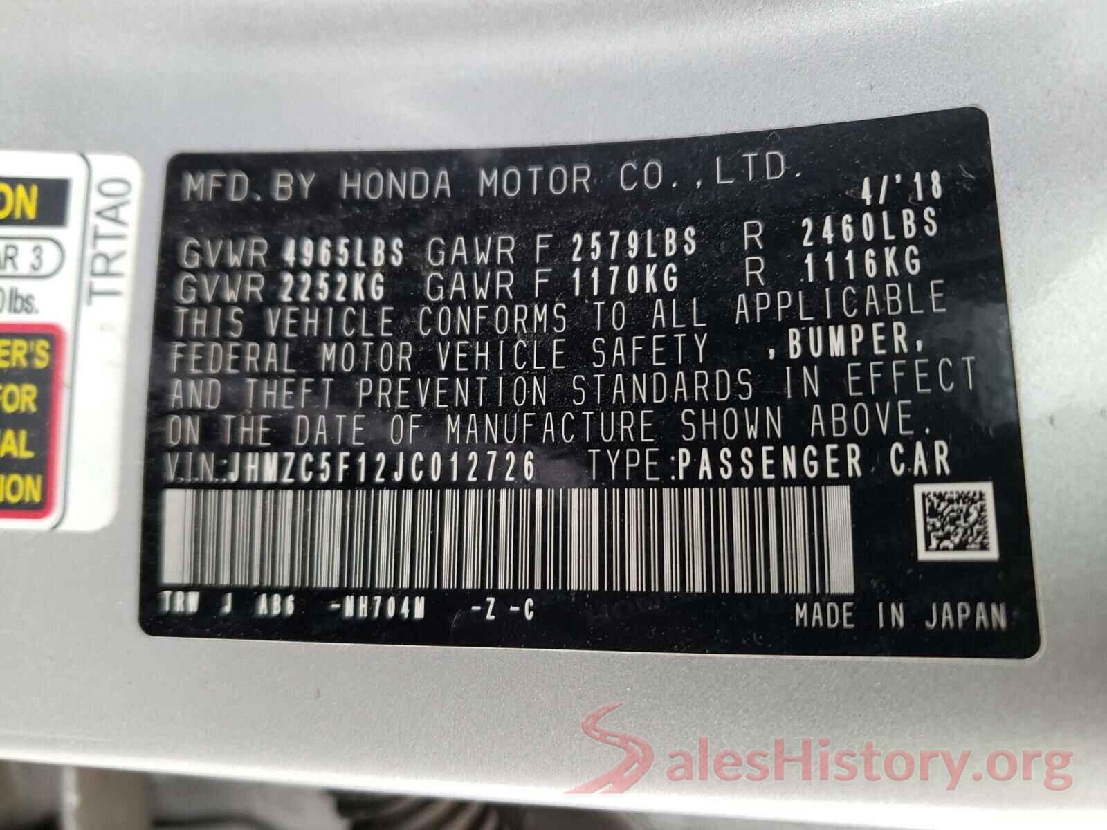 JHMZC5F12JC012726 2018 HONDA CLARITY