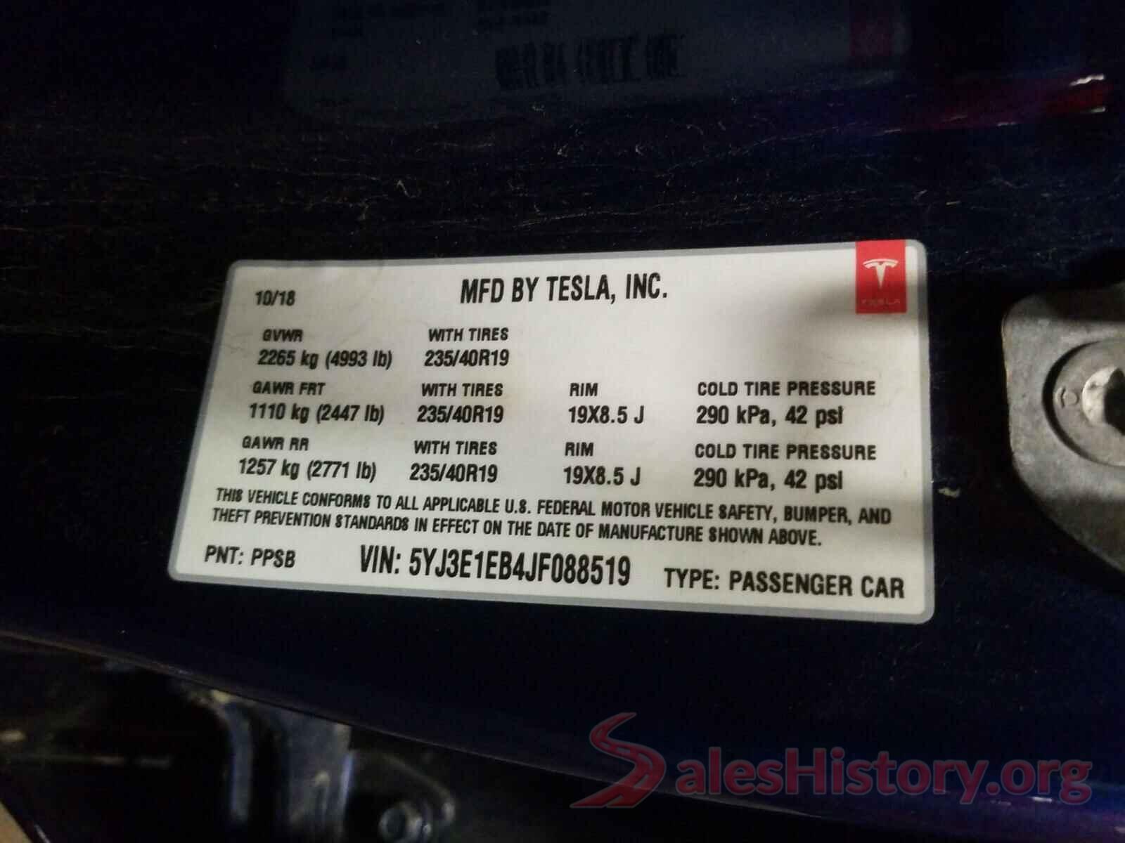 5YJ3E1EB4JF088519 2018 TESLA MODEL 3