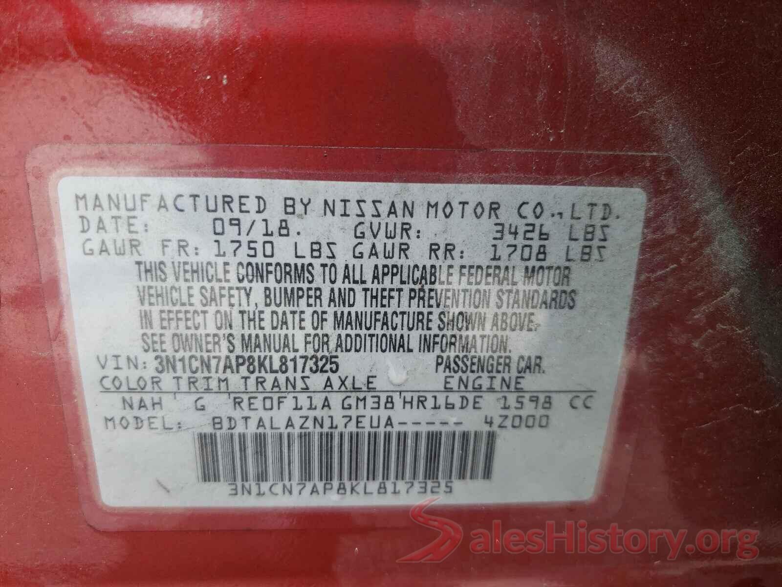 3N1CN7AP8KL817325 2019 NISSAN VERSA