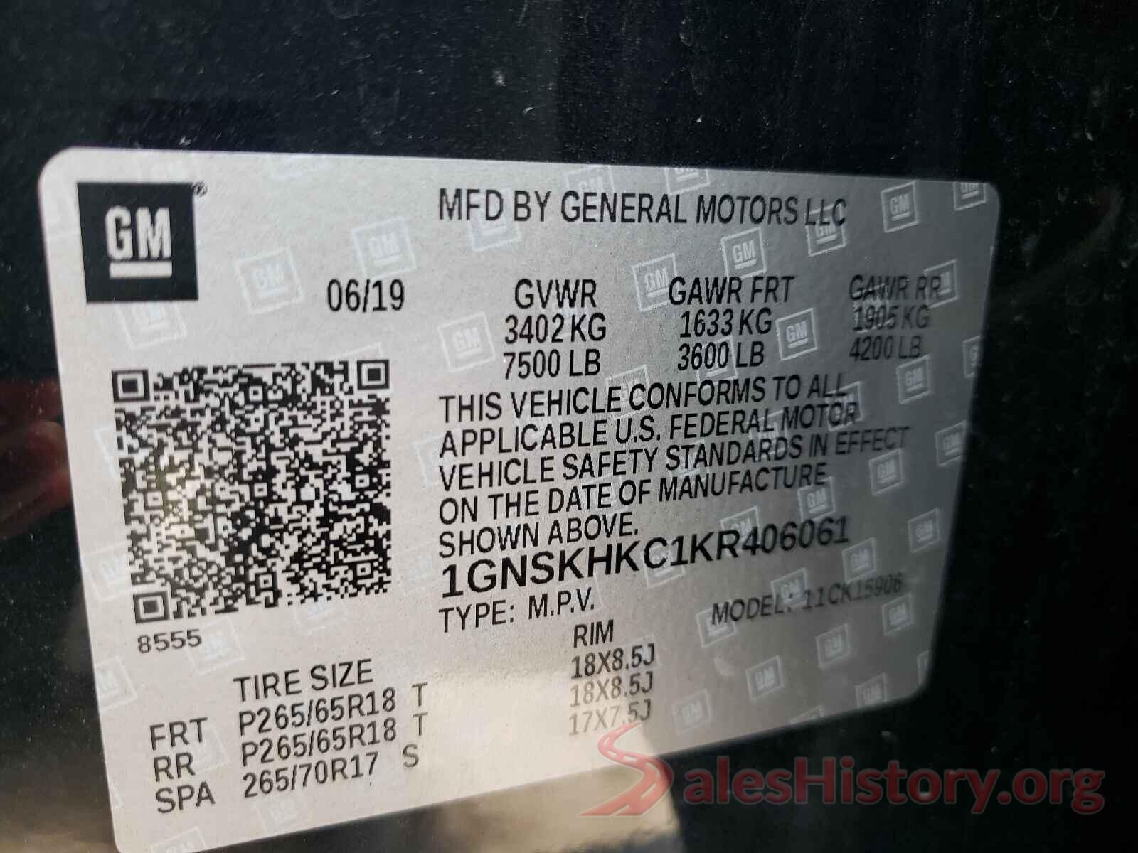 1GNSKHKC1KR406061 2019 CHEVROLET SUBURBAN