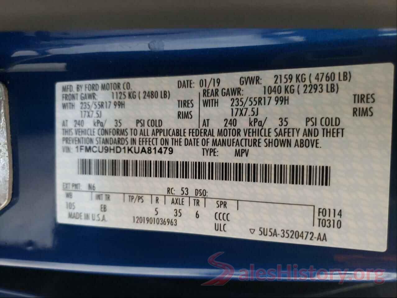 1FMCU9HD1KUA81479 2019 FORD ESCAPE