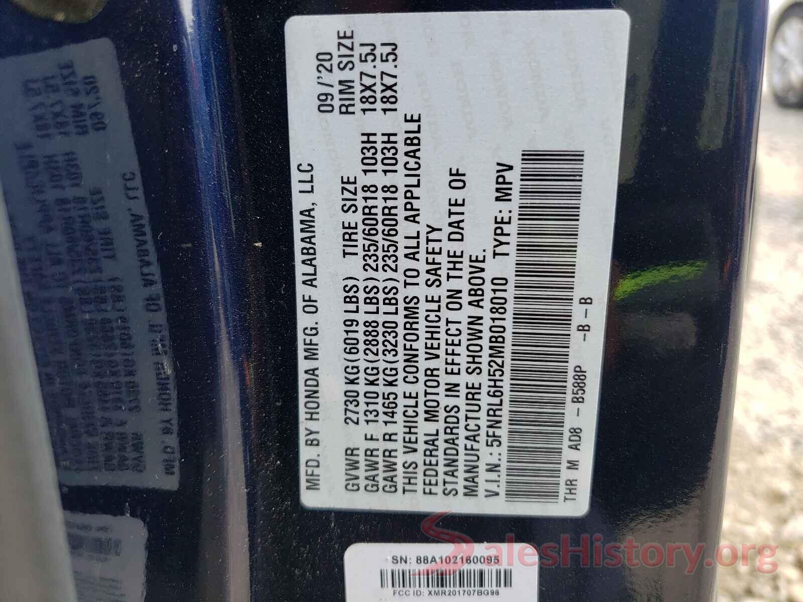 5FNRL6H52MB018010 2021 HONDA ODYSSEY