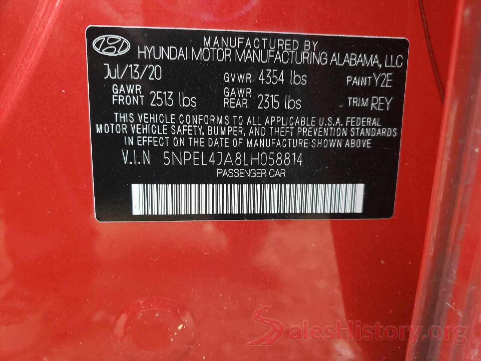 5NPEL4JA8LH058814 2020 HYUNDAI SONATA