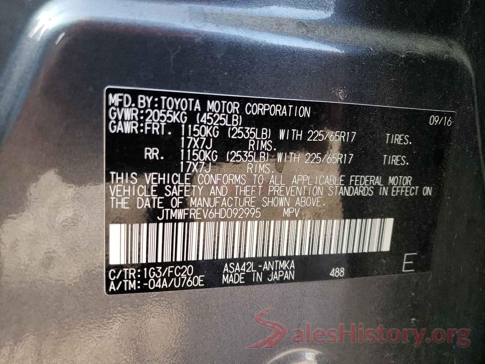 JTMWFREV6HD092995 2017 TOYOTA RAV4