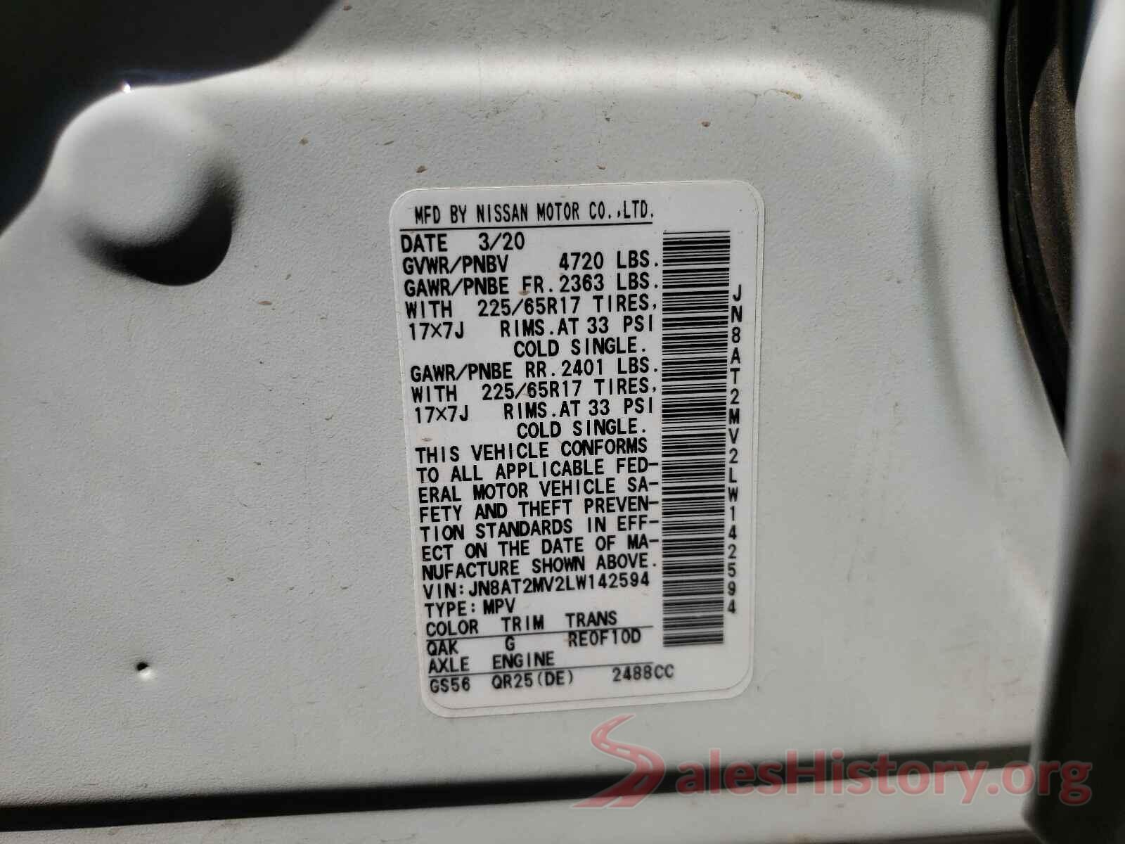 JN8AT2MV2LW142594 2020 NISSAN ROGUE