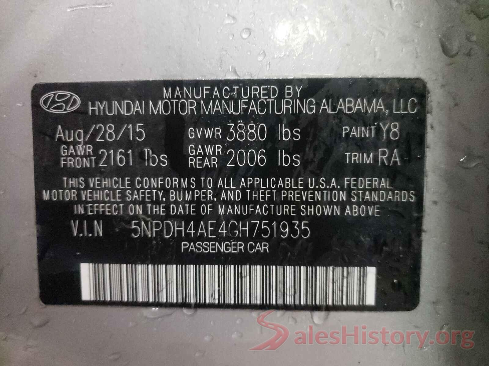 5NPDH4AE4GH751935 2016 HYUNDAI ELANTRA