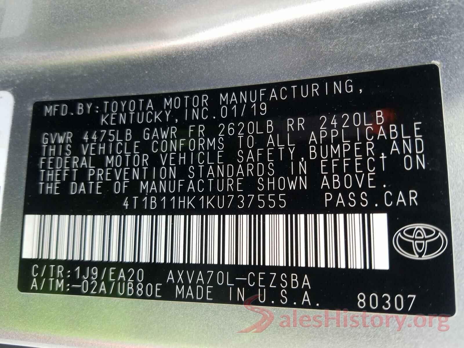 4T1B11HK1KU737555 2019 TOYOTA CAMRY