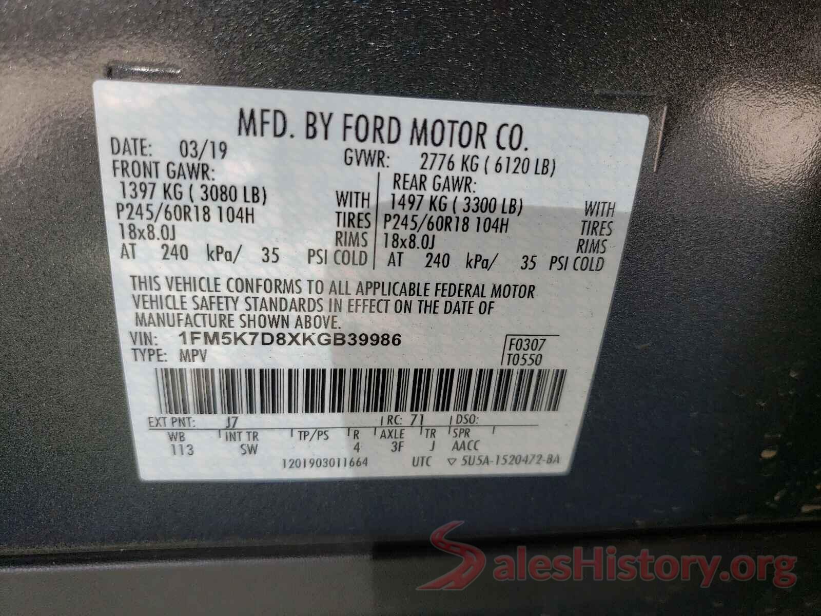 1FM5K7D8XKGB39986 2019 FORD EXPLORER