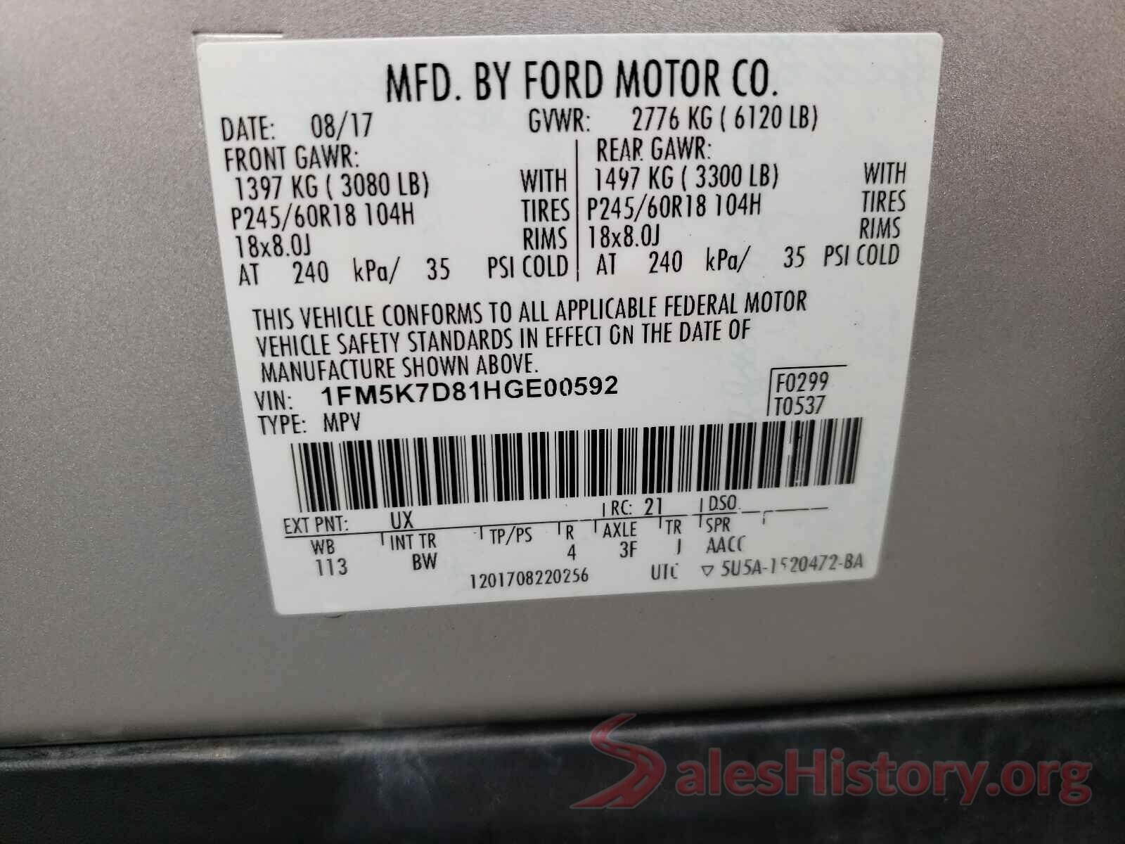 1FM5K7D81HGE00592 2017 FORD EXPLORER