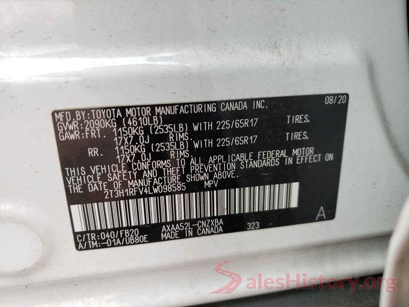 2T3H1RFV4LW098585 2020 TOYOTA RAV4