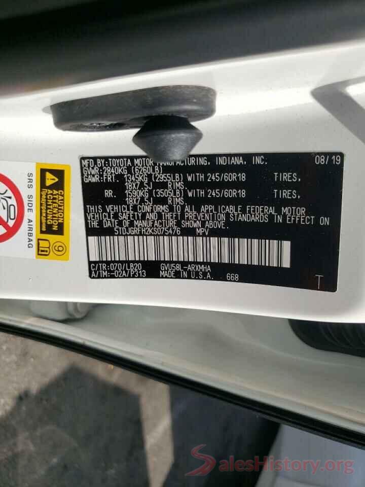 5TDJGRFH2KS075476 2019 TOYOTA HIGHLANDER