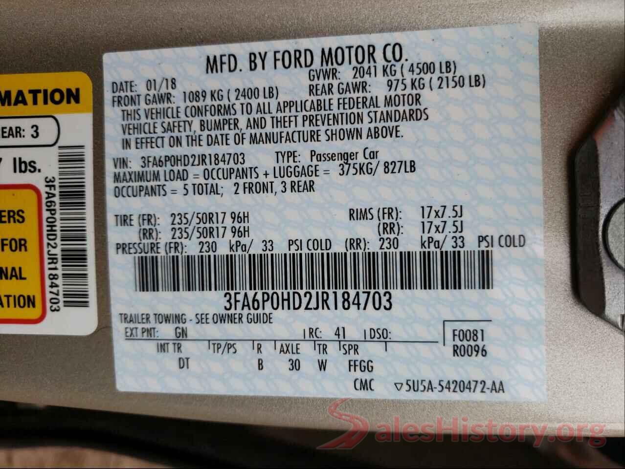 3FA6P0HD2JR184703 2018 FORD FUSION