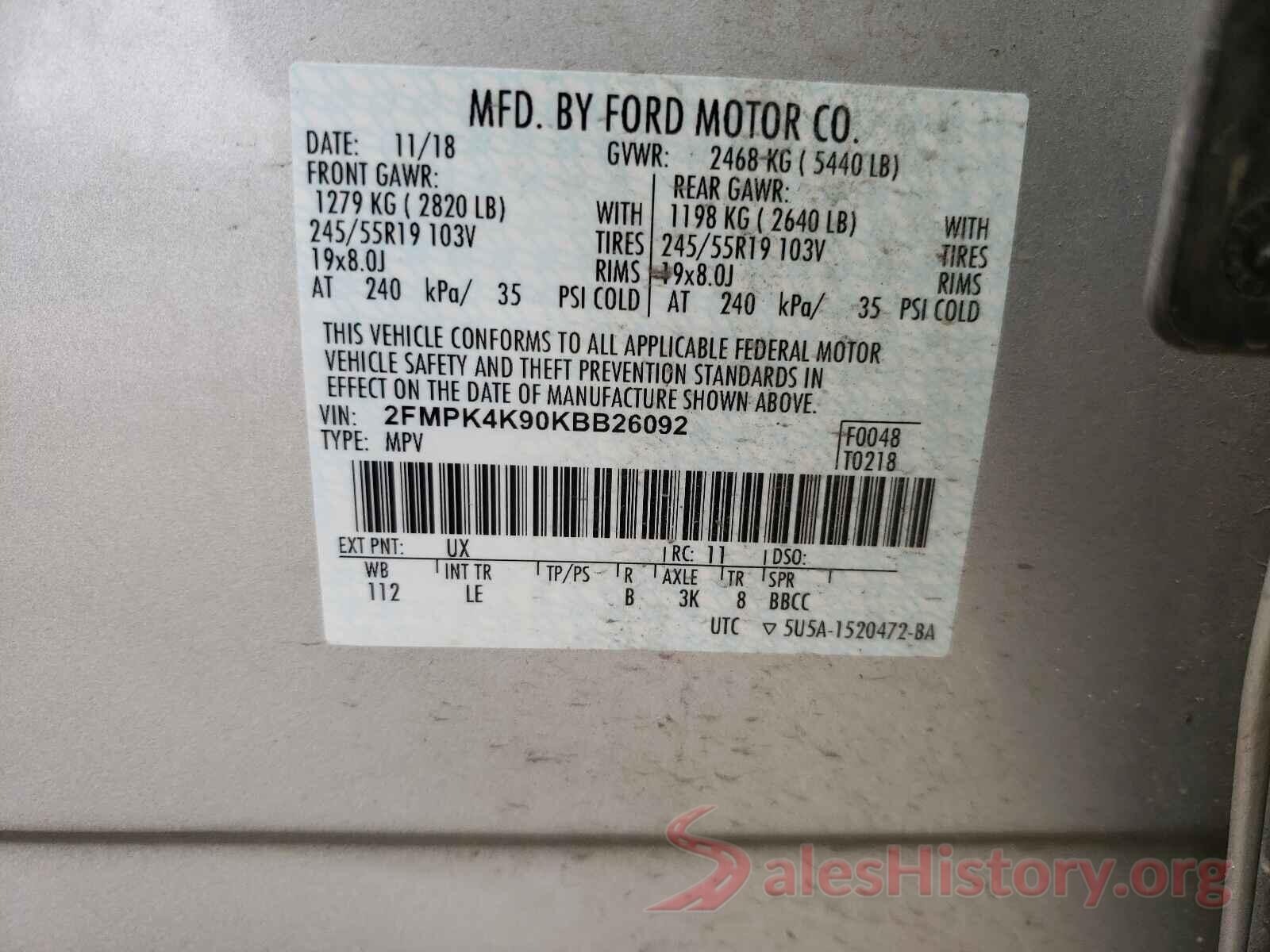 2FMPK4K90KBB26092 2019 FORD EDGE