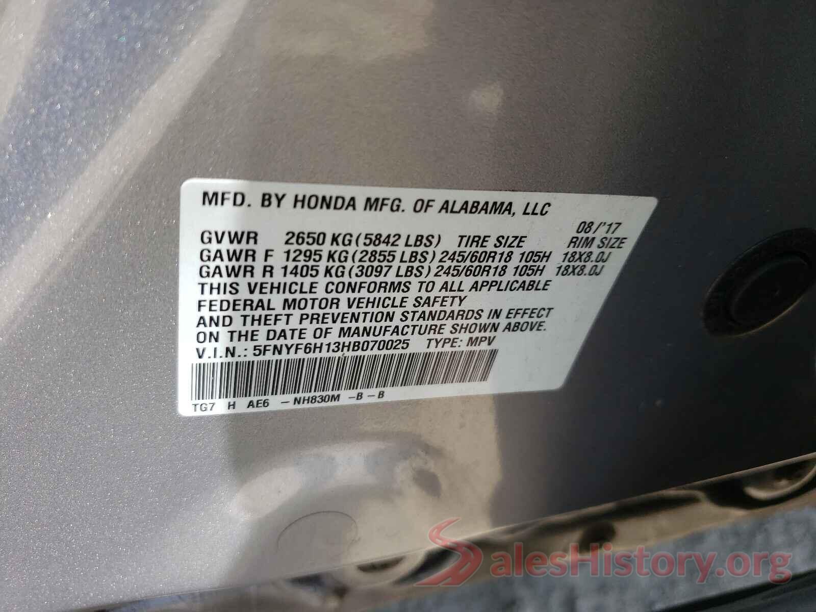 5FNYF6H13HB070025 2017 HONDA PILOT