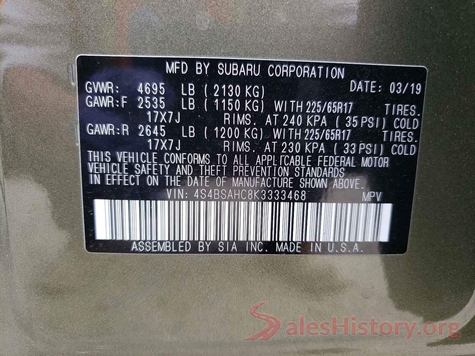 4S4BSAHC8K3333468 2019 SUBARU OUTBACK