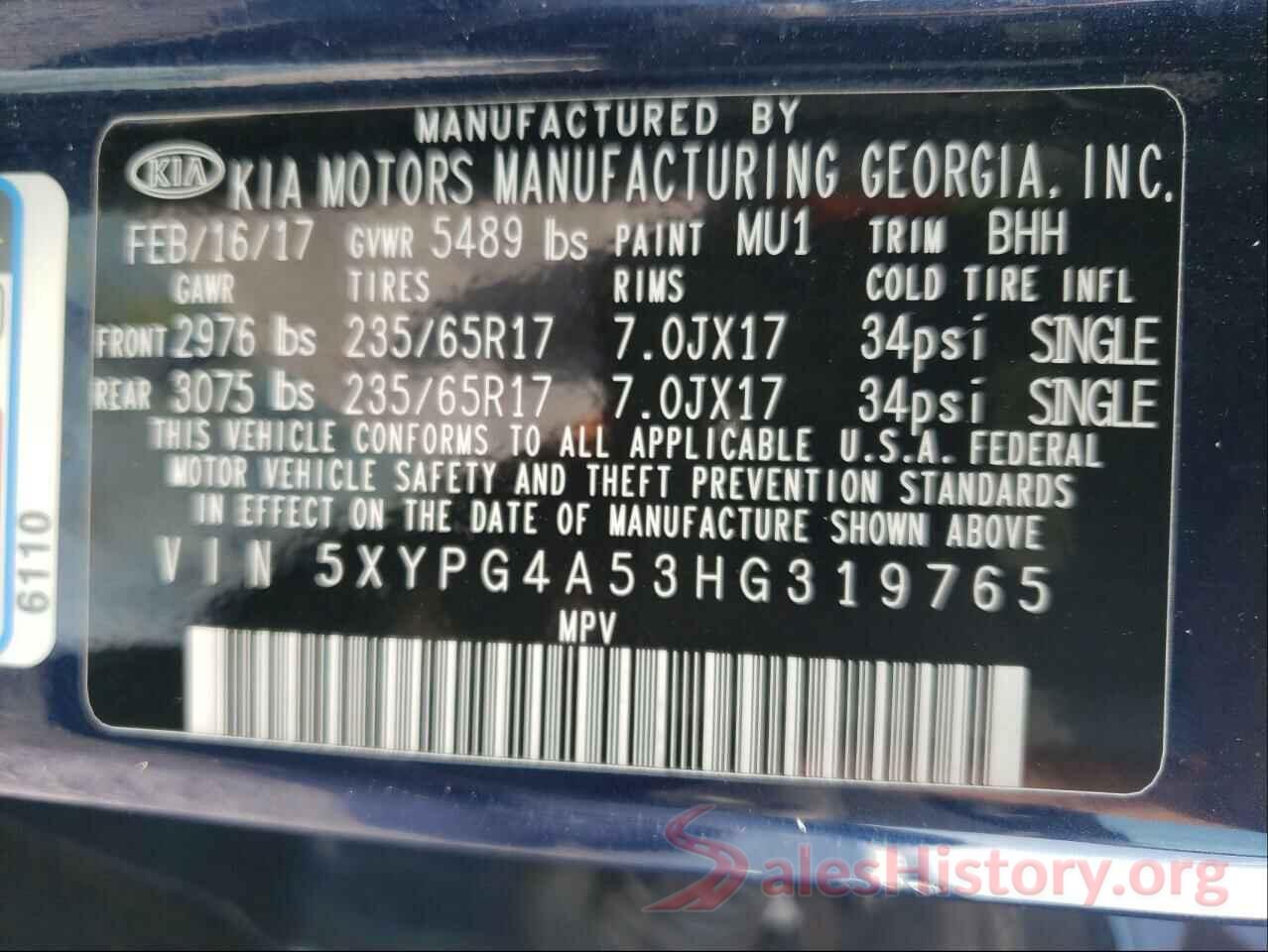 5XYPG4A53HG319765 2017 KIA SORENTO