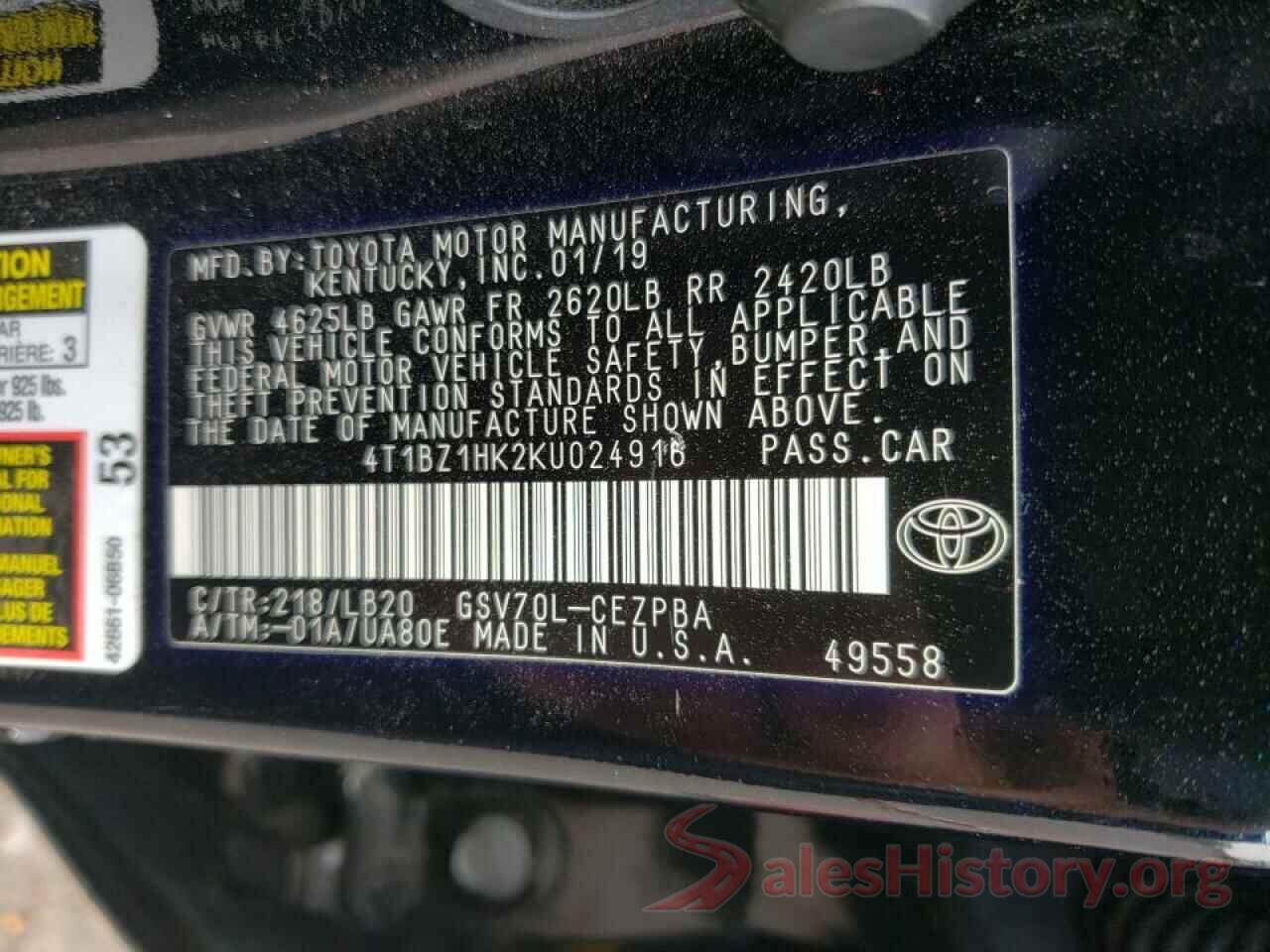 4T1BZ1HK2KU024916 2019 TOYOTA CAMRY