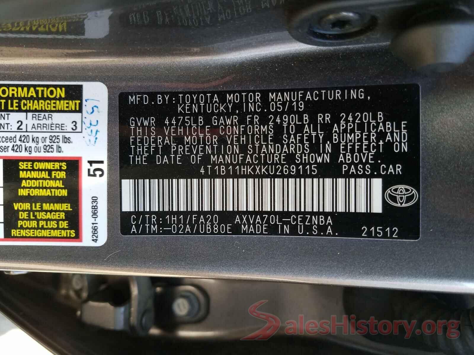 4T1B11HKXKU269115 2019 TOYOTA CAMRY