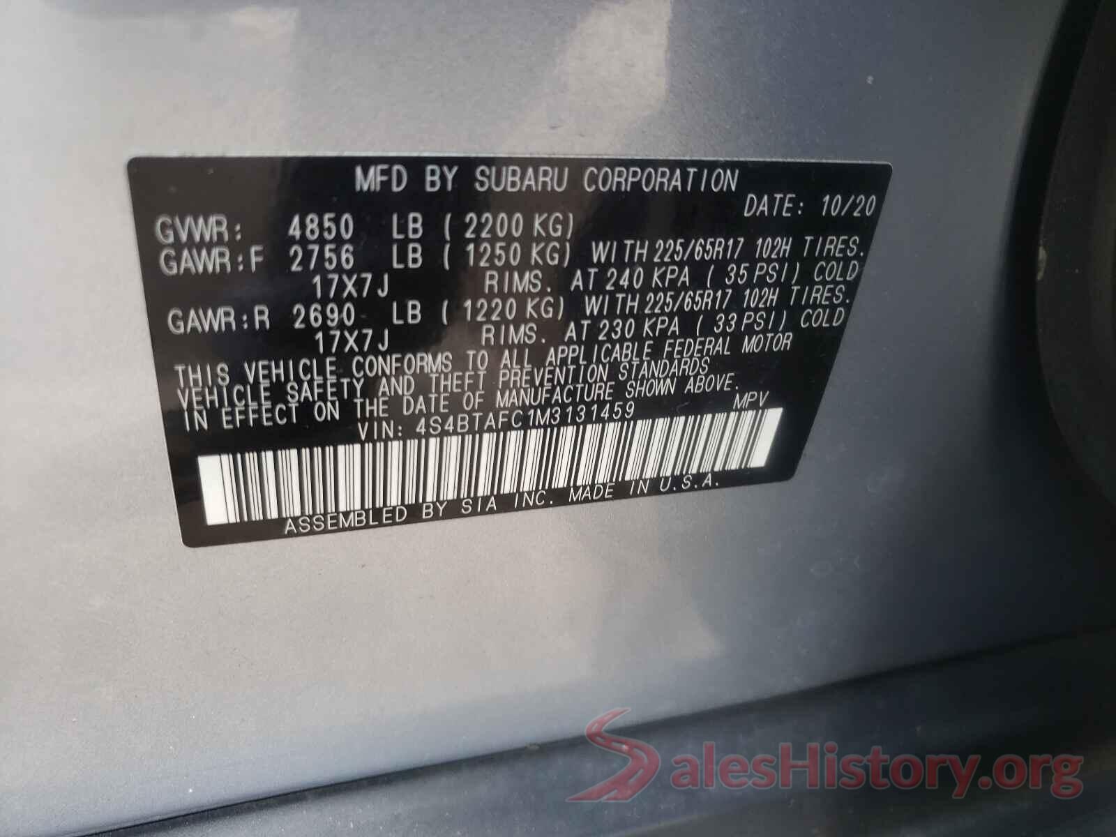 4S4BTAFC1M3131459 2021 SUBARU OUTBACK