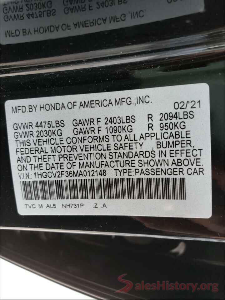 1HGCV2F36MA012148 2021 HONDA ACCORD