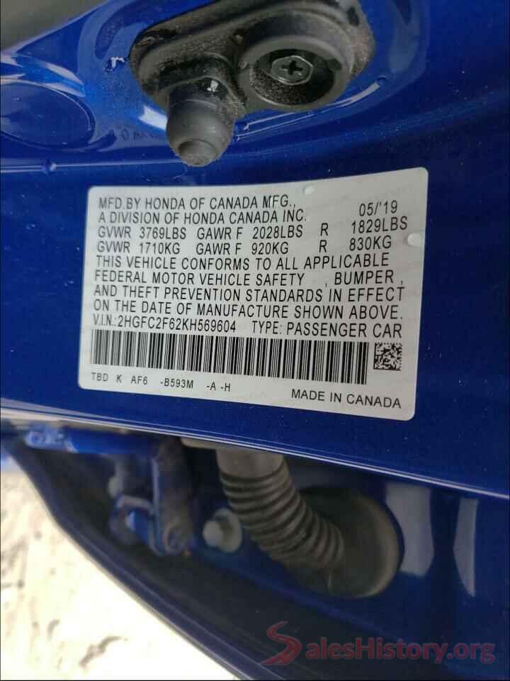 2HGFC2F62KH569604 2019 HONDA CIVIC