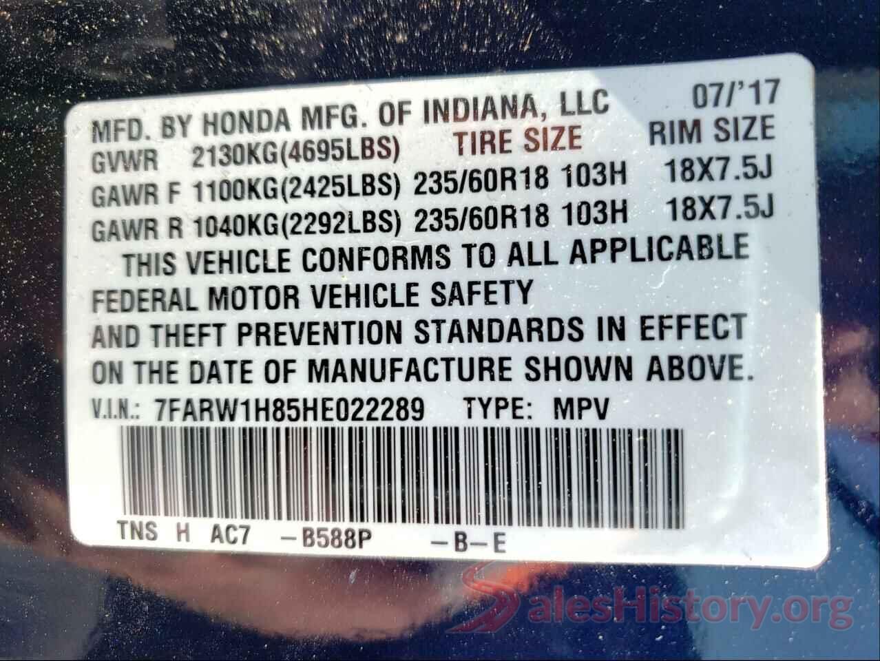 7FARW1H85HE022289 2017 HONDA CRV