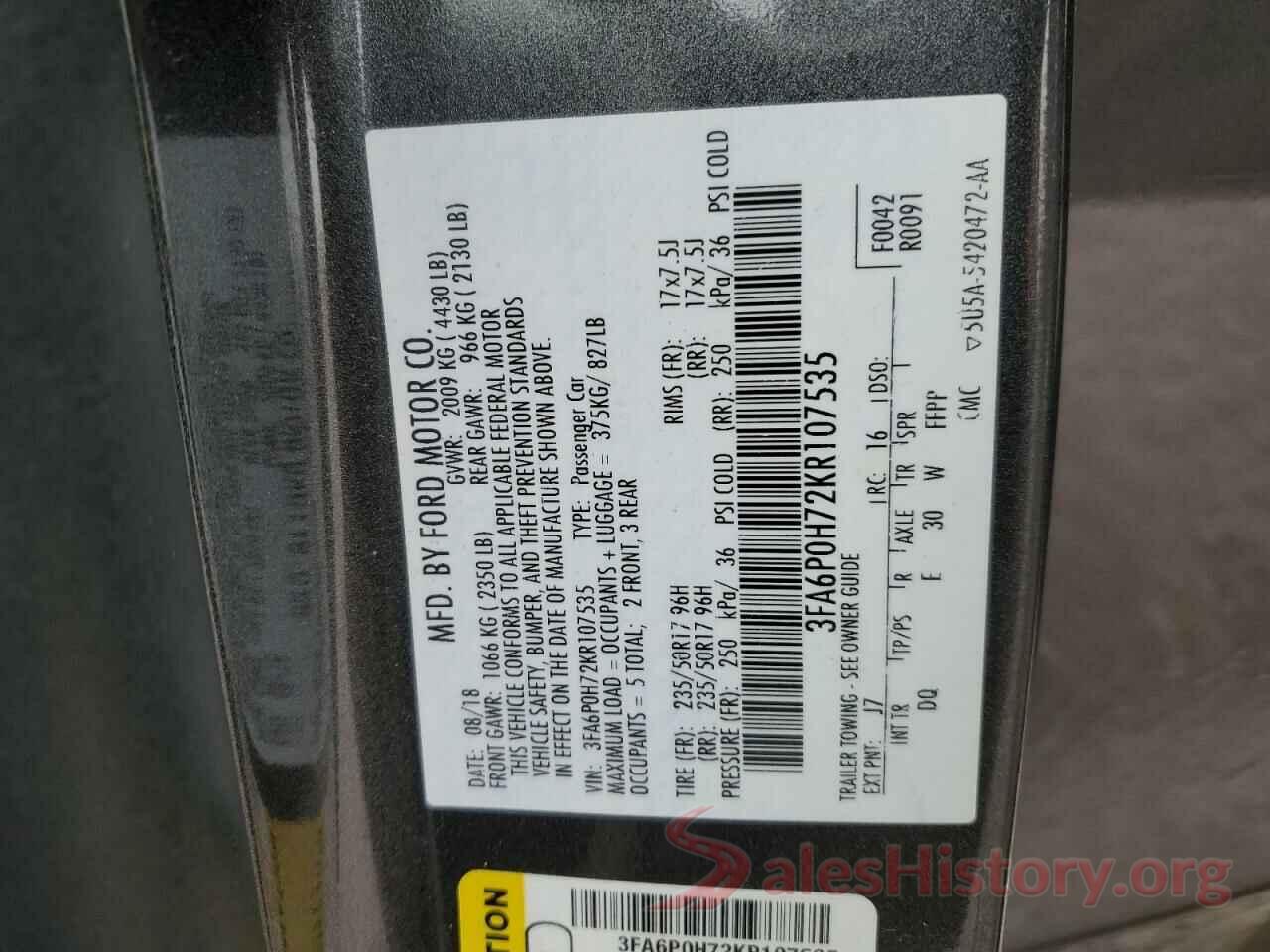 3FA6P0H72KR107535 2019 FORD FUSION