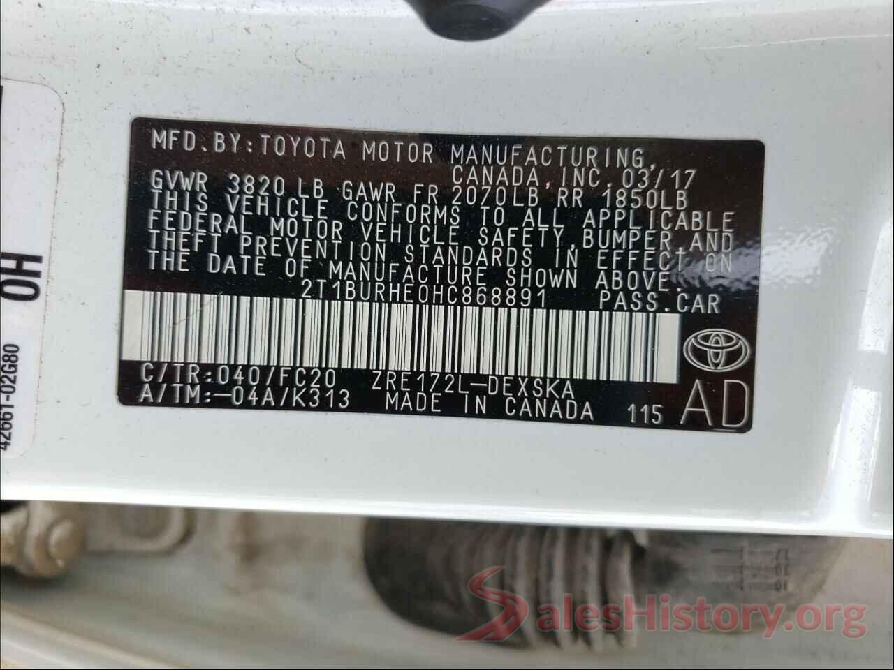 2T1BURHE0HC868891 2017 TOYOTA COROLLA