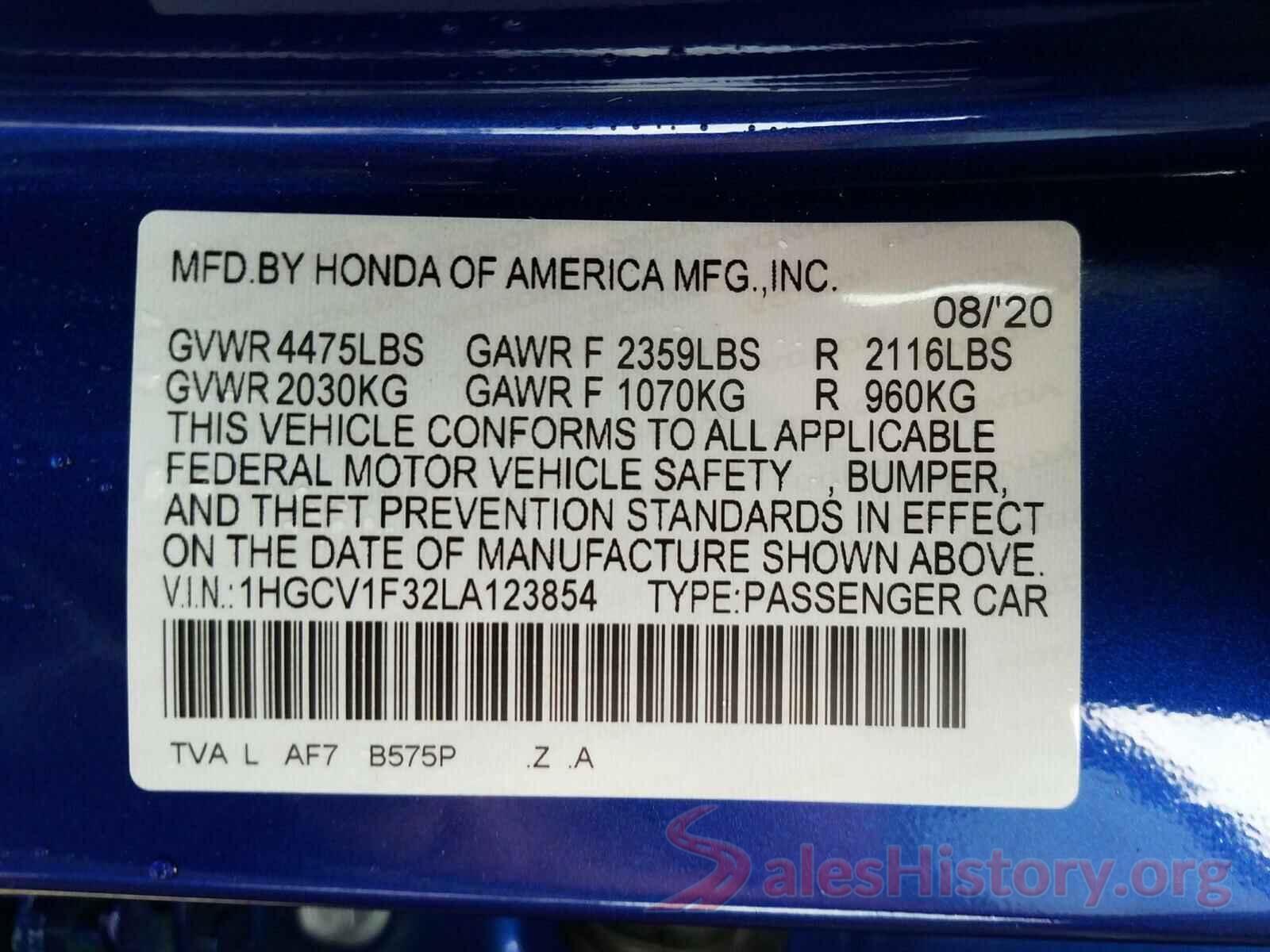 1HGCV1F32LA123854 2020 HONDA ACCORD