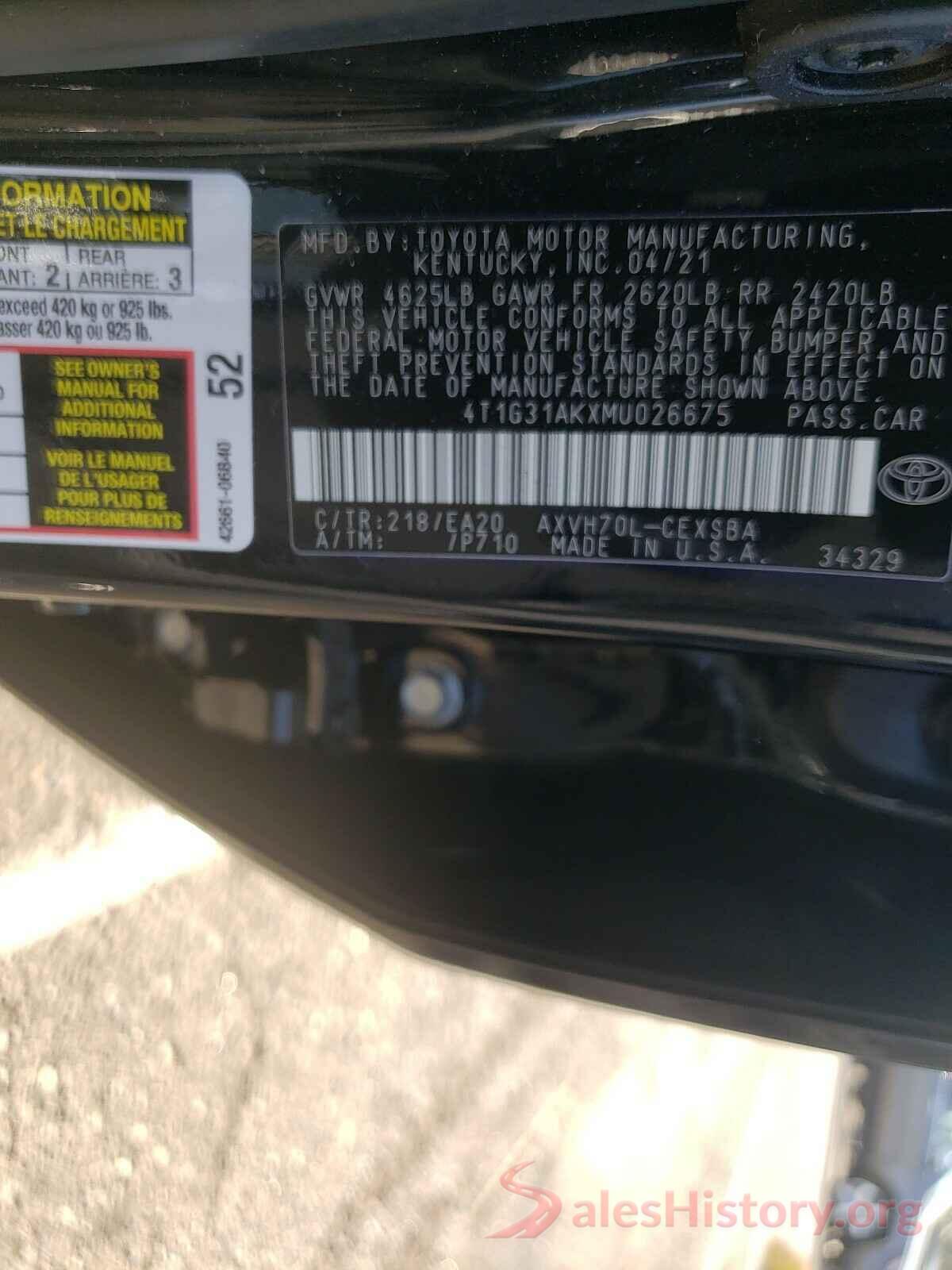 4T1G31AKXMU026675 2021 TOYOTA CAMRY